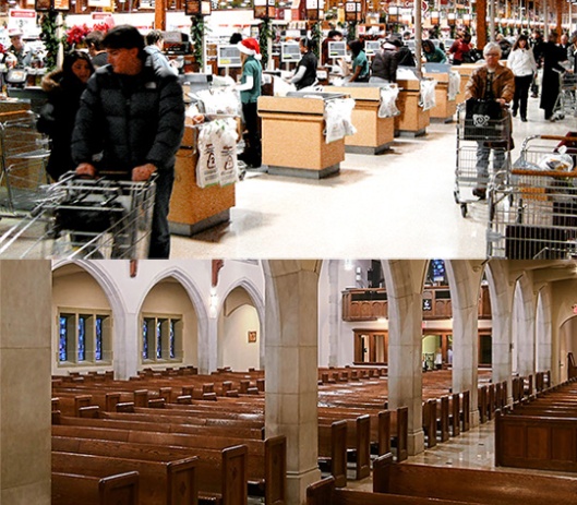 checkout aisles and pews